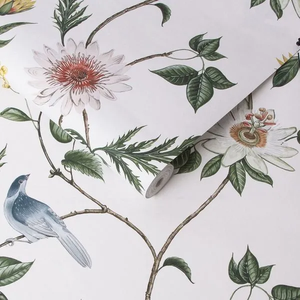 Nuit Wallpaper with white background, twisting branches, blooming red and yellow flowers, and perched birds