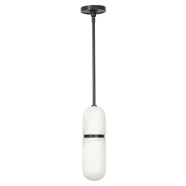 Salon Pendant with rounded alabaster bulb cover and black metal rod and ceiling mount