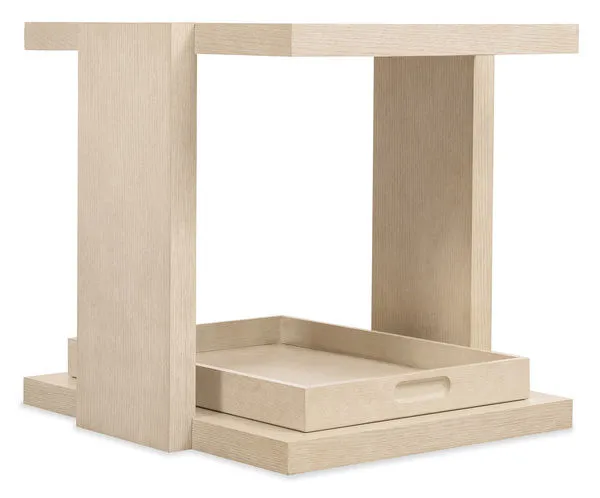 Westwood End Table with polished limestone finish, rectangular shape, open storage, and removable tray at bottom
