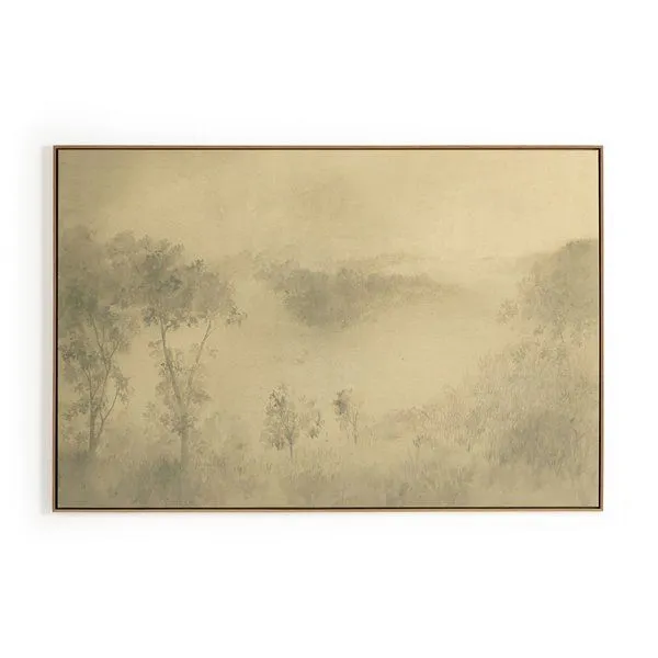 Atmospheric landscape painting in muted beige and gray tones with faint trees, raw canvas in vertical grain white oak frame