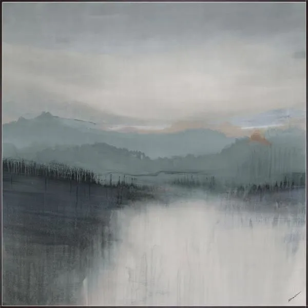 Misty Lake I painting showing mist-covered lake with trees and mountains in soft, muted blue and gray tones
