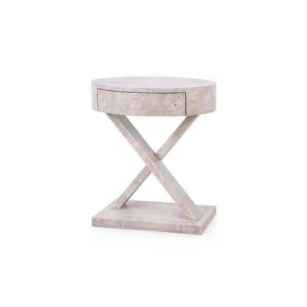 Modena 1-drawer Side Table with clear lacquered burl wood, round top, crossed legs, and rectangular plinth base