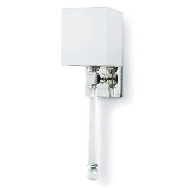 Modern wall sconce with a natural linen cube shade and suspended clear cut crystal stem ending in a clear ball finial