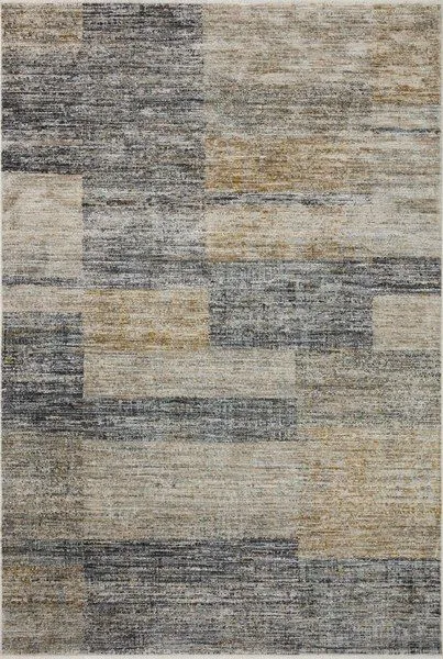 Abstract patterned rug with grey, gold, and earth tones in a modern contemporary style