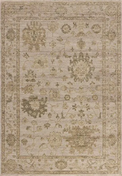 Traditional rectangular rug with a vintage-style Turkish motif in neutral sand and pale sky tones