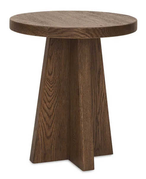 Round end table with worn saddle oak veneer finish and pedestal-style tapered base