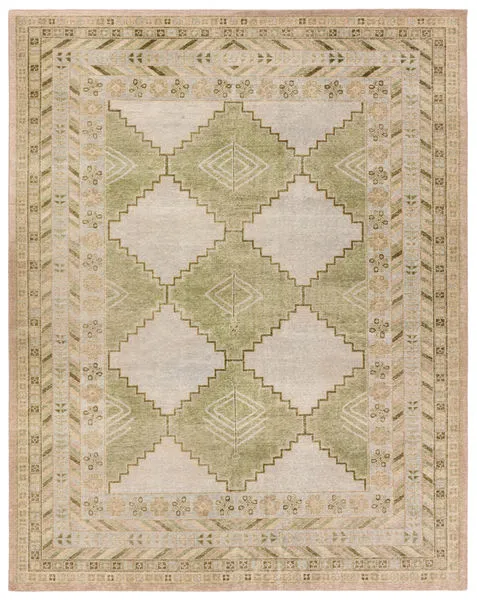 Handknotted traditional Enfield rug with green and light blue medallion design and a vintage distressed cream border