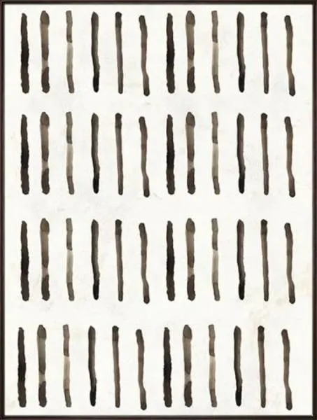 Black and white abstract painting with vertical irregular black bars arranged in rows on a white background