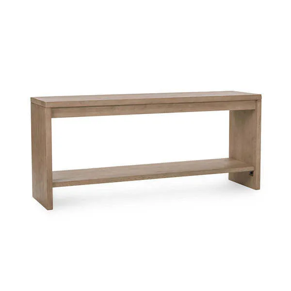 Rustic console table made from reclaimed pine with a natural finish and a spacious open shelf near the floor