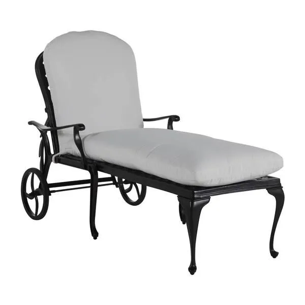 Outdoor chaise with black aluminum frame, curved legs, wheels at the back, and light gray cushioned seat and backrest