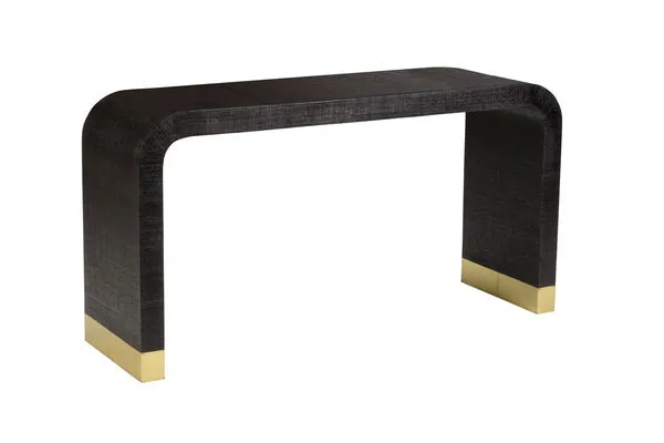 Black raffia covered console table with curved edges and antique brass feet
