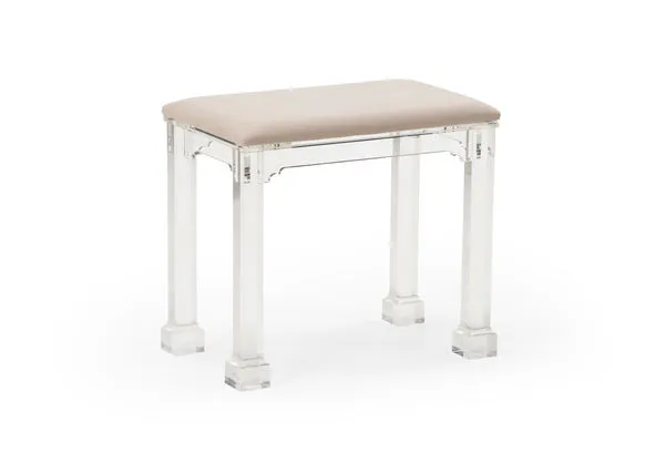 Clear acrylic Madison Bench with square legs and muslin-covered cushioned seat