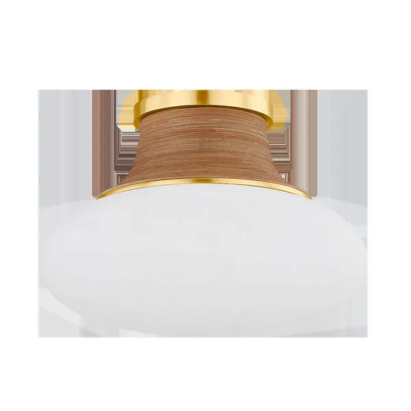 Pearl River semi flush mount ceiling light with matte cloud glass oblong shade, hand-wrapped rattan detail, aged brass canopy
