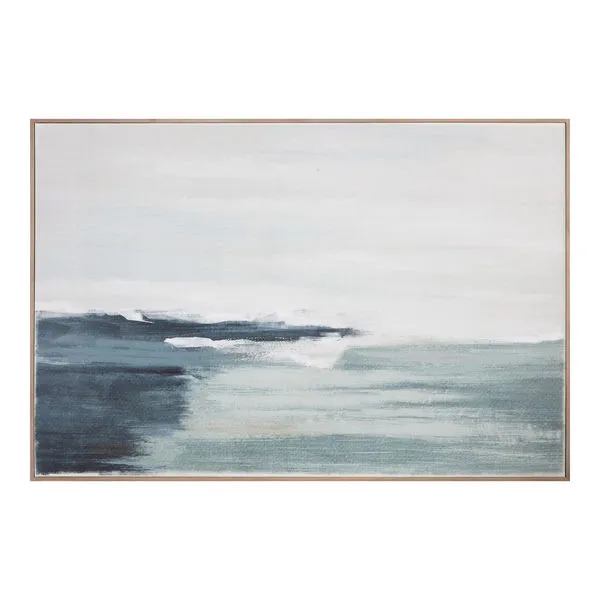 Abstract wall painting with horizontal broken geometry in earthy blues, greens, and white with thin wooden frame