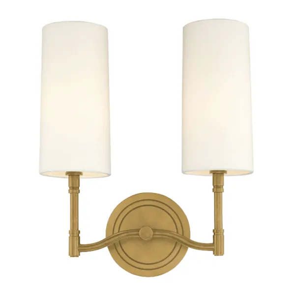 Dillon 2 Light Wall Sconce with curved brass arms and two tall cylindrical white fabric shades