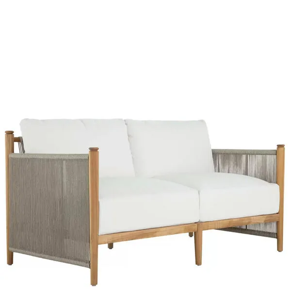 Pacifica Natural Teak Loveseat with light wood frame, white cushions, and taupe rope sides