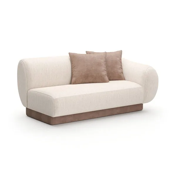Seta Oatmeal Loveseat with rounded armrests, oatmeal ribbed linen upholstery, camel faux mohair base, and two camel-colore...