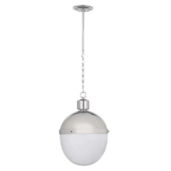 Otis Pendant Large with polished nickel top and classic milk glass diffuser in an elongated oval shape