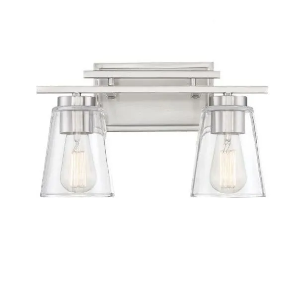 Calhoun 2 Light Bath Bar with brushed satin nickel finish, clear tapered cone glass shades, and two cylindrical bulb sockets