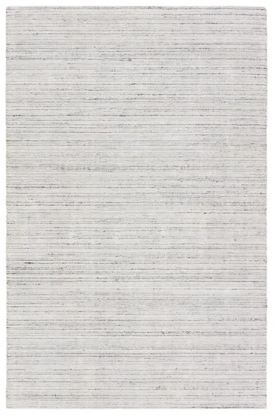 8x10 foot modern rug with cream, light gray, and subtle black horizontal stripes in a textured cut and loop polyester pile