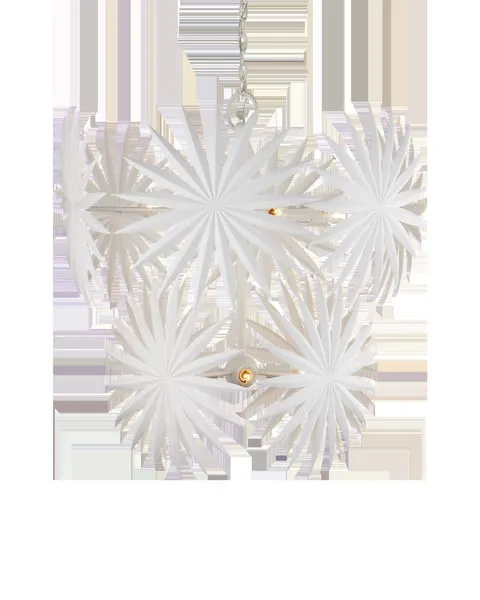 Bismarkia Medium Chandelier in white with oversized palm frond shapes radiating from center ring, with visible bulbs inside