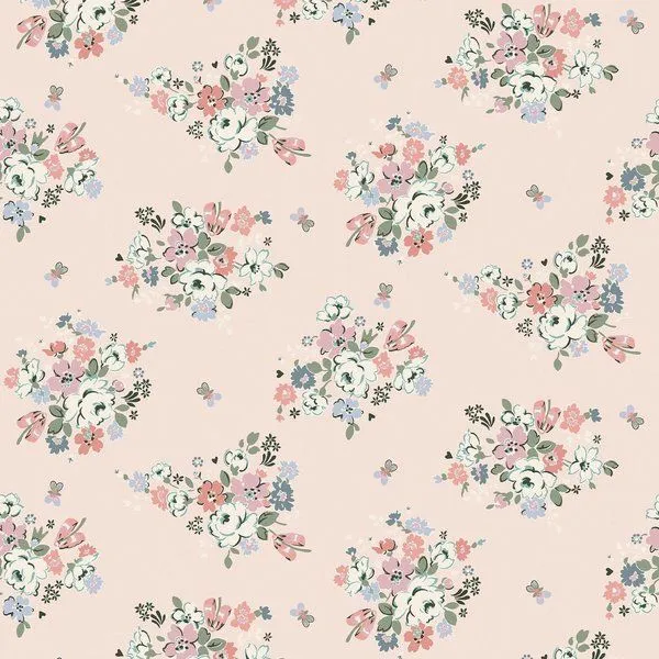 Matte finish wallpaper with pastel pink background and bouquets of pink, blue, white flowers and green fern foliage