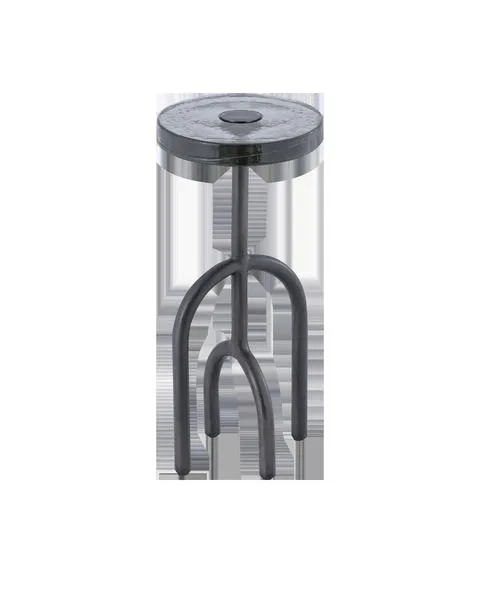 Grove Drinks Table with black nickel aluminum legs shaped like mangrove roots and artisanal cast glass top