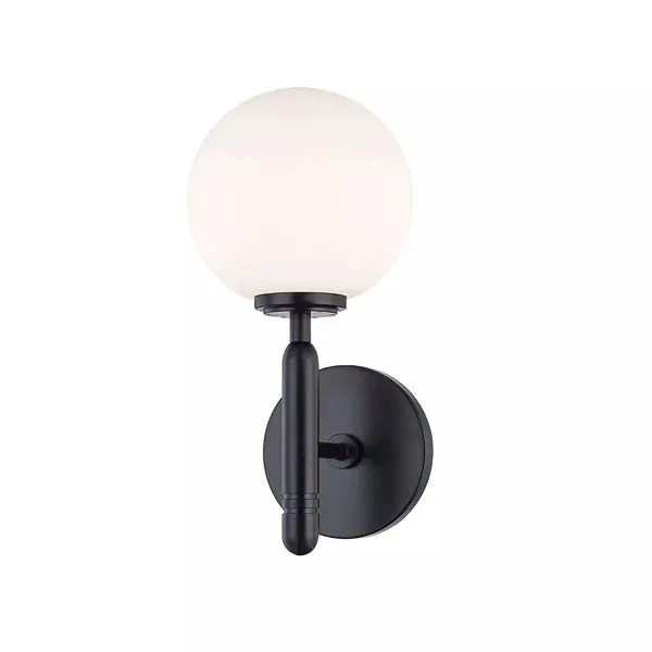Mina 1 Light Wall Sconce with matte black metal base and round white frosted glass globe shade