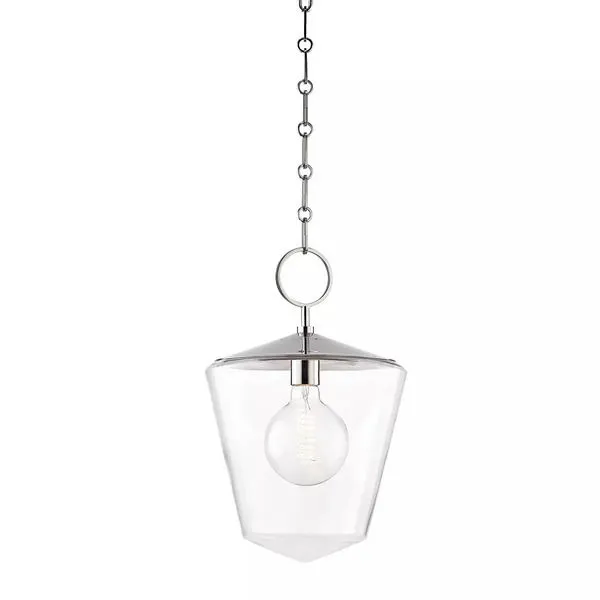 Greene 1 Light Large Pendant with clear glass tapered shade, single visible bulb, and brushed nickel chain suspension