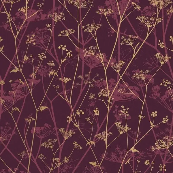 Wallpaper with starry gold floral clusters on deep burgundy textured mica fibrous paper
