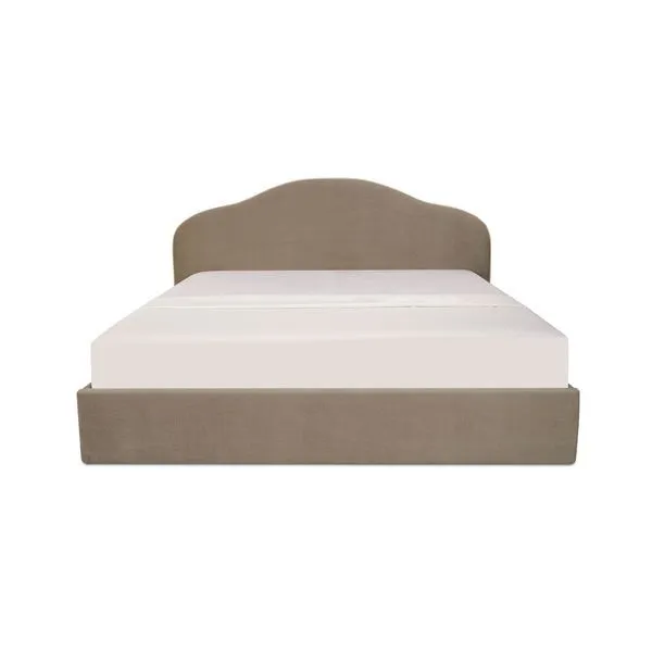 Taupe upholstered Maggie Storage Bed with classic arched headboard and rounded footboard