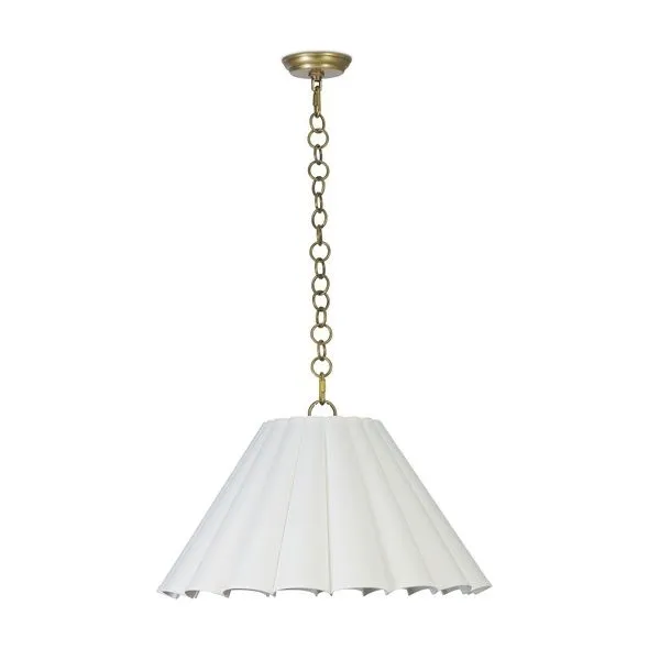 Large Allison Pendant in clean white with softly sculptural pleated shade and antique brass chain suspension