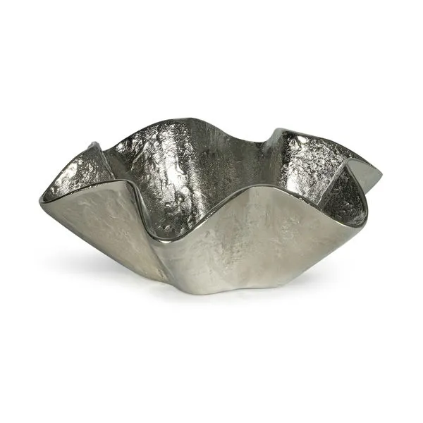 Large Pedicoat Metal Bowl with ruffled edges in a shiny silver finish and textured surface
