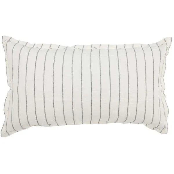Ivory linen sham with woven black pinstripe design in a rectangular lumbar shape with subtle stonewash texture