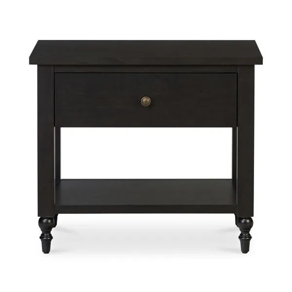Katherine nightstand in dark Acacia wood with one drawer, open shelf, turned legs, and brass knob