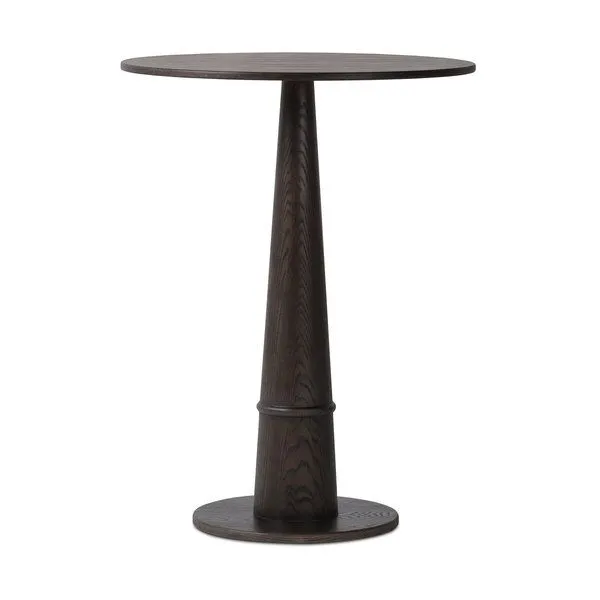 Goetz Bar + Counter Table with solid oak base featuring ring detailing and dark oak veneer round tabletop