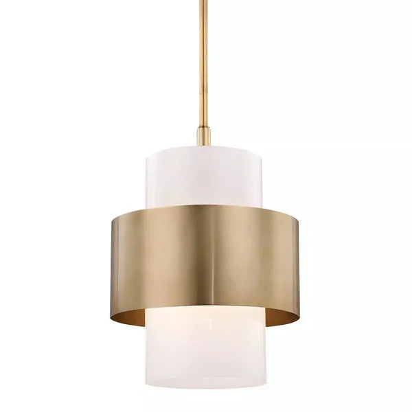 Large pendant light with white cylindrical glass shade encircled by a wide brushed gold metal band and suspended by a matc...