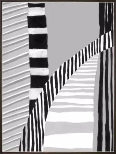 Abstract painting with bold black and white geometric shapes and contrasting monochrome stripes creating an optical illusion