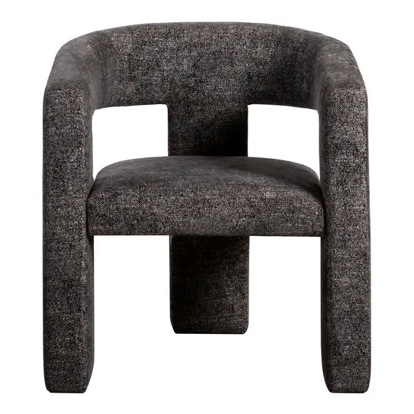Elo Chair in dark textured fabric, plush foam seat, softly rounded back and arms, block-style legs