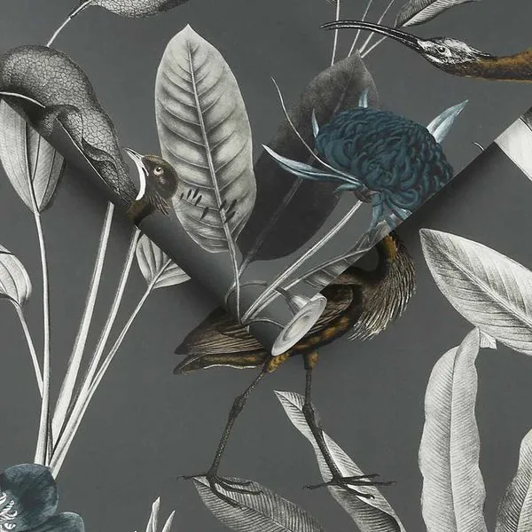 Glasshouse Wallpaper with large-scale botanical leaves and unique birds on a moody midnight background