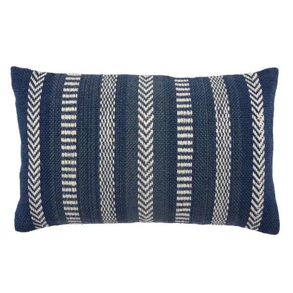Rectangular lumbar pillow with blue and ivory striped tribal embroidery on durable woven polyester