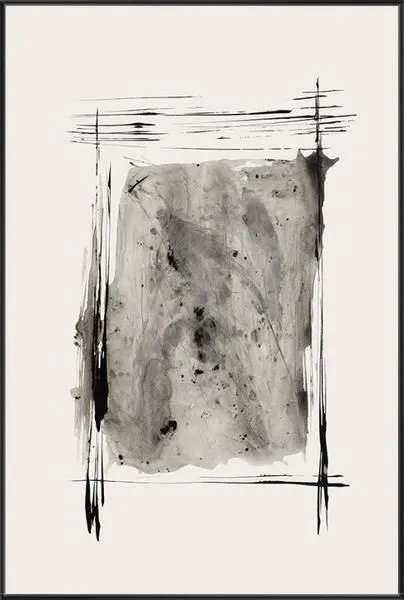 abstract painting with bold black strokes framing a textured grey center on an off-white background