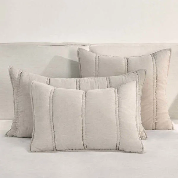 Taupe beige quilted sham with large channel stitching, soft ramie fabric with linen-like texture