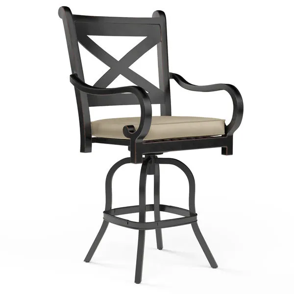 Monterey Barstool with Espresso powder-coated aluminum frame and beige seat cushion, featuring curving arms and X-back design