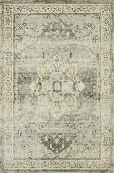 Plush traditional Rosette Sage beige rug with detailed floral medallion design and soft muted border