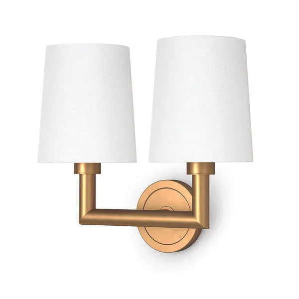 Double wall sconce with brass metal frame and two white tapered linen shades