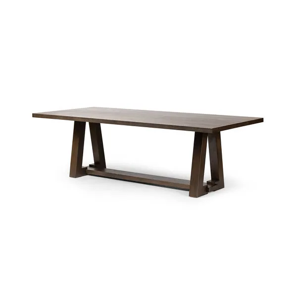 Silverton Dining Table with classic trestle design, A-frame base connected by a stretcher, brown oak veneer finish