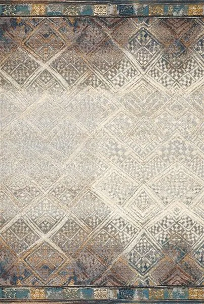 Ivory and muted blue Mediterranean rug with abstract tribal diamond motifs and textured yarn for dimension