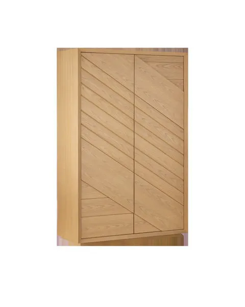 Tall storage cabinet in light natural oak with angled paneled doors and chamfered face frame edge
