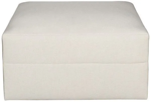 Square modular sectional ottoman in ivory fabric with clean lines and smooth upholstery